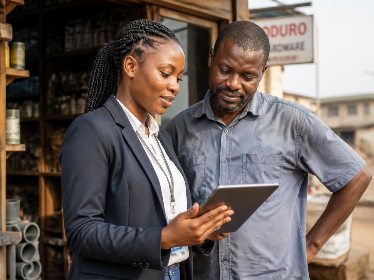 Loan officer reviewing repayment data with a shop owner in Accra